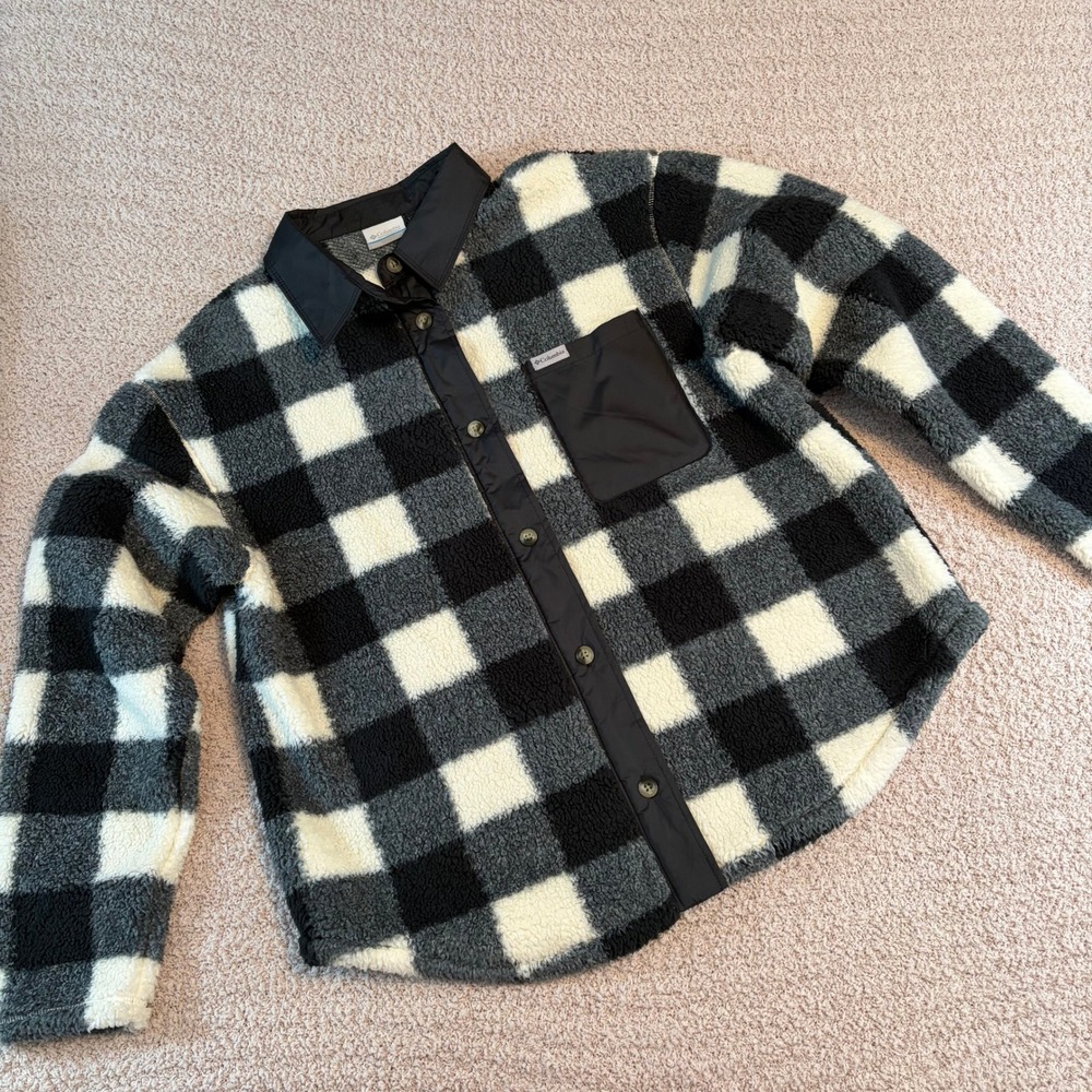 Columbia Buffalo Plaid Black White Sherpa Fleece Shirt Jacket Womens Large
